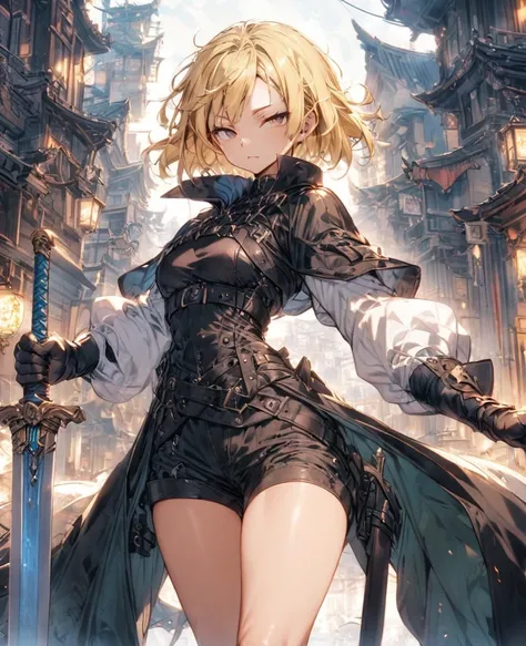 boyish　Slanted Eyes　Thighs　Blonde　Swordsman　Two-Way　Short Dagger　coat　whole body　