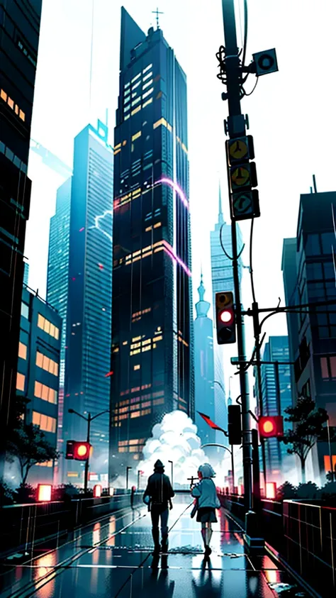 1boy,a 13 yo boy、Wet body、Cyberpunk Boy、The beginning of the adventure、(drenching:2)、(Lightning:1.5)、Lots of clouds,heavy fog、Fog,Chaotic city of the future、Movie dystopia、A group of very tall skyscrapers stands in the center、Very complex cityscape,Crowded...