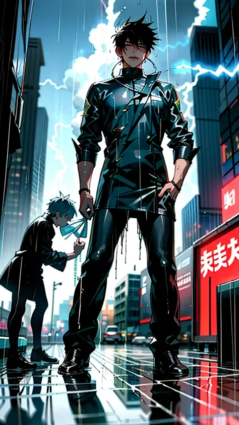 1boy,a 13 yo boy、Wet body、Cyberpunk Boy、The beginning of the adventure、(drenching:2)、(Lightning:1.5)、Lots of clouds,heavy fog、Fog,Chaotic city of the future、Movie dystopia、A group of very tall skyscrapers stands in the center、Very complex cityscape,Crowded...