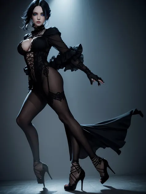 Woman with black hair, light blue eyes, gothic style. In high heels, tango dancer. deep, very sensual look