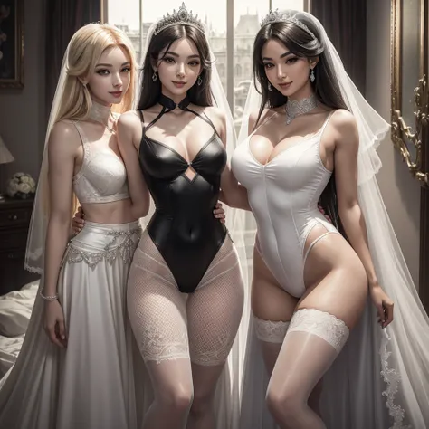 Beautiful 3 woman, (straight: 1.28), clear skin, (princess peachs face), pale skin, medium breasts, (thin hips, thin waist , athletic body: 1.25), detailed skin, smile open mouth), black and silver color scheme)), 8k textures, soft light, sharp focus, soot...