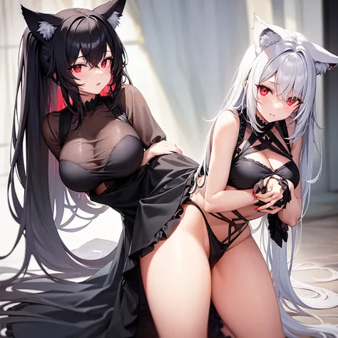 Female wolf alone without anyone together, wears a short black maid dress showing her panties, has long black fuzzy hair with red highlights, has red eyes, has big breasts, has wolf ears and a wolf tail.