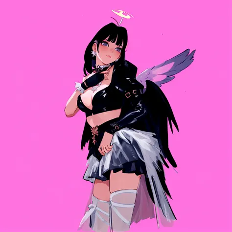 there is a woman in a costume with wings and a sword, wearing angel, inspired by Sim Sa-jeong, villainess has black angel wings, angel girl, fallen angel, angel with black wings, e-girl, e - girl, hip skirt wings, imvu, girl with angel wings, belle delphin...