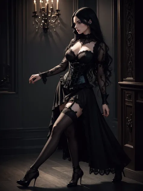 a woman with long black hair,beautiful detailed eyes,beautiful detailed lips,extremely detailed face and eyes,long eyelashes,gothic style dress,black corset,lace,high heels,sensual tango dancer pose,dramatic lighting,dark moody atmosphere,deep mysterious e...