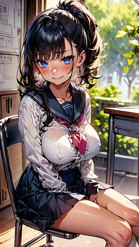 (Front angle:1.6)、(masterpiece, Official Art), One Girl, Black Hair, blue eyes, hair ornaments, Hair Clip,  (school uniform), (shirt), (tie), (skirt), (Wet), (Huge breasts), very good、sunlight,classroom、During class、 View Audience, Grin,Cum on face、 Charm,...