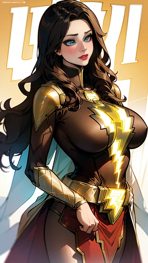 1 beautiful girl  (( 19s,  mary marvel  (shazam , dc comics) ,big breasts,  voluptuous  body,red lipstick,blushing,  brown ( long hair) , blue eyes, sexy girl )), clothed (( Mary Marvel (DC Comics) LoRA)), red dress