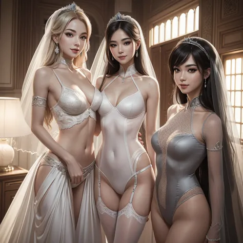 Beautiful 3 woman, (straight: 1.28), clear skin, (princess peachs face), pale skin, medium breasts, (thin hips, thin waist , athletic body: 1.25), detailed skin, smile open mouth), black and silver color scheme)), 8k textures, soft light, sharp focus, soot...