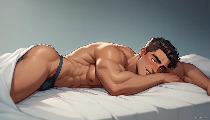 best quality, masterpiece, handsome polynesian man, tan skin, wavy dark hair, round eyes, unconscious, lying on his side, big round ass, sexy, gay, homoerotic, perfection, no watermark, no logo, no signature
