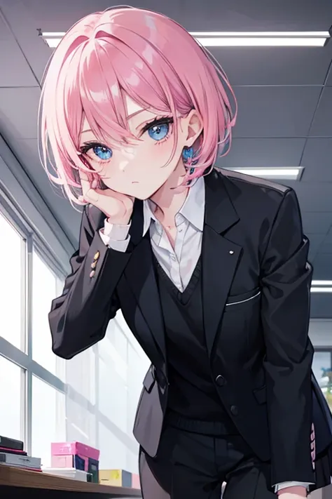 Man with short pink hair, black executive suit, looking forward, sweet look, blue eyes, pink eyeshadow, inside an office.