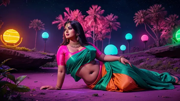 Desi BBW bhabi hot saree neon scenary alien planet background