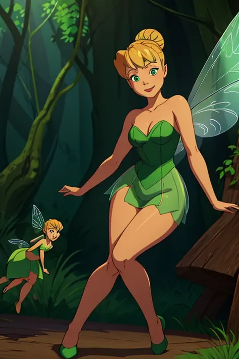 Create a detailed illustration of a small, delicate Tinkerbell. Age 18. (Soft rounded youthful face:1.3). minimal short stylish hair. Flat Chest. (Thin waist:1.3), (thin legs:1.3). with a mischievous yet kind, shes lithe with (thick hips:1.3) bare showing....