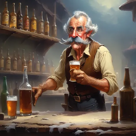 1man,old west, bartender, beer, whiskey, liquor shelf, huge mustache, period clothing, old, slight, skinny, proboscis, big nose,...