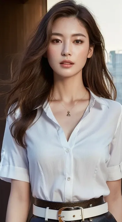 (Highest quality, High resolution, masterpiece :1.3), Tall and beautiful woman, Slim Abs, Dark brown hair styled in loose waves, chest, Wearing a pendant, White button-up shirt, belt, Black Skirt, (Modern architecture in the background), Exquisite expressi...