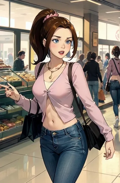 kittypryde_dress_ownwaifu, 1girl, brown hair, ponytail, necklace, jewelry, blue eyes,  lipstick,long sleeves, lips, long hair, m...