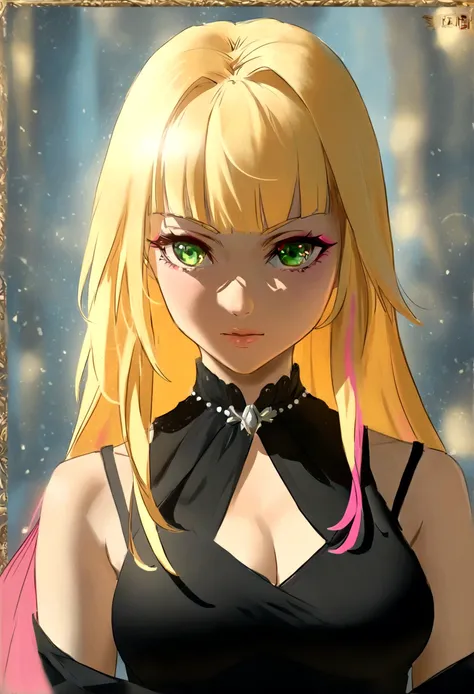 woman blonde hair green eyes and pink batm and a black top, realistic art style, RossDraws portrait, Artgerm portrait, Anime realistic artstyle, 4K realistic digital art, 4K realistic digital art, 8K Artgerm Bokeh, DeviantArt Artstation CGScosiety, ArtGerm...