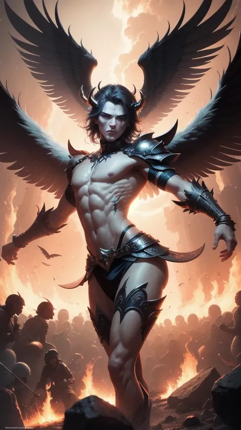 ((men)) ((man)) heemoso demon, fallen angel, has six wings, is surrounded by flames or bright light, multiple colorful wings, it...