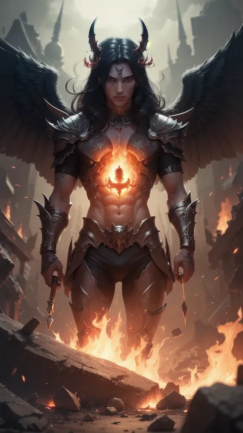 ((Men)) ((man)) heemoso demon, Fallen Angel, has six wings, is surrounded by flames or bright light, multiple colorful wings, It is in the form of wheels with multiple, winged figures that look human, They are usually represented with open wings and surrou...