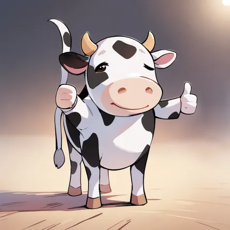 (masterpiece, best quality:1.2), cute cow, solitary，stand up，the cow that gives a thumbs up，comic style cow