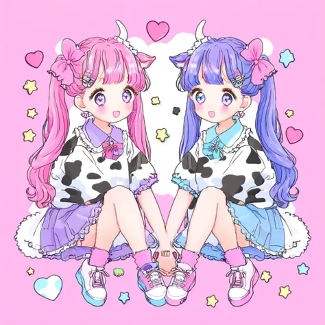 1 girl,
two anime girls with lexistg head发 and a dairy cow print exist their shirt, sit next to each other exist a pink backgrou...