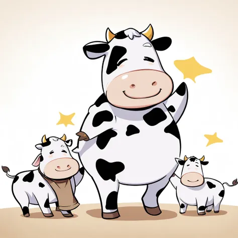 cute cartoon cow，white background，comic style，chubby，high quality，smiling cow