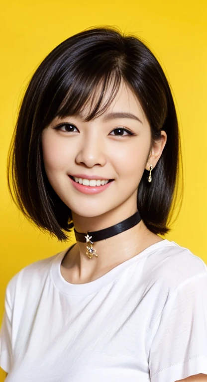 (A Gorgeous Lady, age 23, White T-shirt & Pink Pencil Skirt, BlackPink Choker, natural pose, dimpled smile, short_bob_hair_side_bangs, cute snaggletooth, well-endowed round bosom, photorealistic, Hello_Kitty_Cuteness, beautiful detailed eyes, hyper-realism...