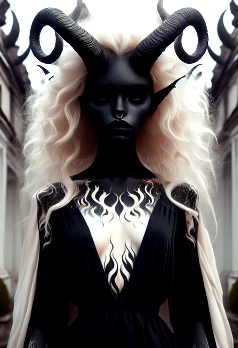 abstract geometric gradients, (by melissa launay), dark and moody torso shot of a beautiful female demon with deep black eyes, a...