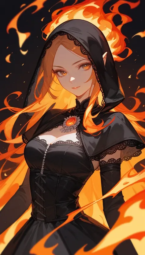 (Fraction_9,Fraction_8_Direction_7_up),1 Woman,（（（bust）））, Wearing a skirt，Surrounded by flames，Fire Mage，Hair turns into flames，Black clothes，Black silk princess dress，Lolita，Wearing a miniskirt，