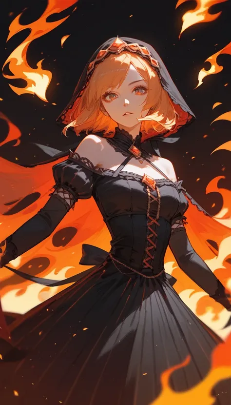 (Fraction_9,Fraction_8_Direction_7_up),1 Woman,（（（bust）））, Wearing a skirt，Surrounded by flames，Fire Mage，Hair turns into flames，Black clothes，Black silk princess dress，Lolita，Wearing a miniskirt，