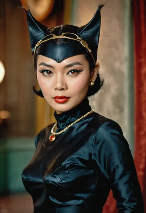 vintage old photo from the 1960s, masterpiece closeup portrait photo of a catwoman thai style in 1960, colour style 60s, black s...