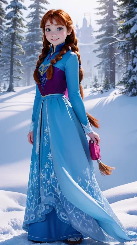 safe, Here is a message in English to generate an image of Anna from the Disney movie. "Frozen":

"Create an image of Anna from Disneys Frozen. She should have her signature red hair styled in two braids.., wear a blue and magenta dress, and be in a snowy ...