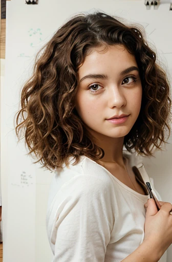 a drawing of a curly hair girl holding the pen on shoulder