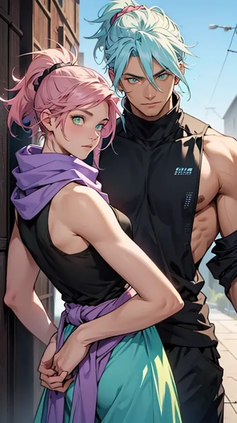 2 people. Male, long light blue hair tied in a ponytail, slightly brown skin, green eyes With a purple scarf and a black sleeveless t-shirt.. 

The other female character, short pink hair, Light blue-almost green eyes dressed like royalty. 