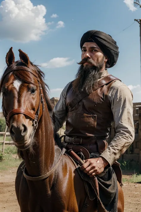 horse, weapon, sword, horseback_riding, riding, beard, facial_hair, battle, blood, multiple_boys, war, bandana, male_focus, sheath, turban, castle, cloud, 6+boys, mustache, holding_weapon, holding, soldier