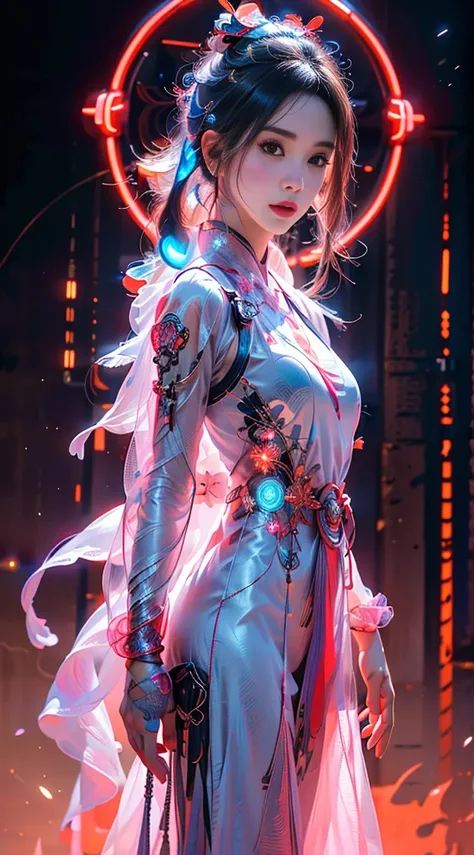 1 girl solo, perfect_hand, (8k, RAW photo, best quality, masterpiece:1.2), (realistic, photo-realistic:1.4), (extremely detailed CG unity 8k wallpaper),full body, (neon lights), machop, mechanical arms, hanfu, Chinese clothes, dress,