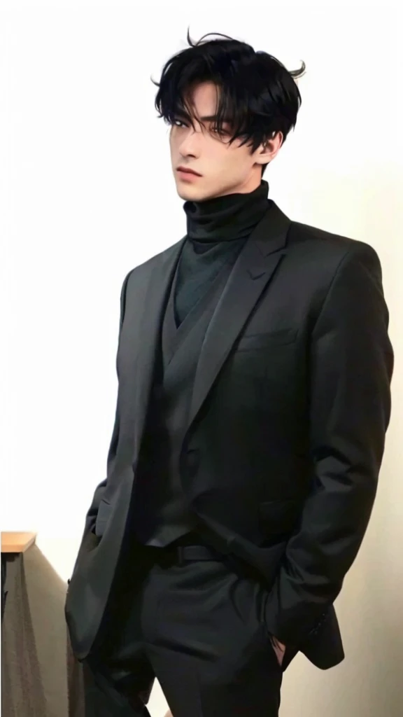 arafed image of a man in a suit and tie standing, wearing a turtleneck and jacket, wearing turtleneck, black turtleneck, full body and head, man in black, man in black suit, dark suit, wearing a black noble suit, he is wearing a black, he is wearing a suit...