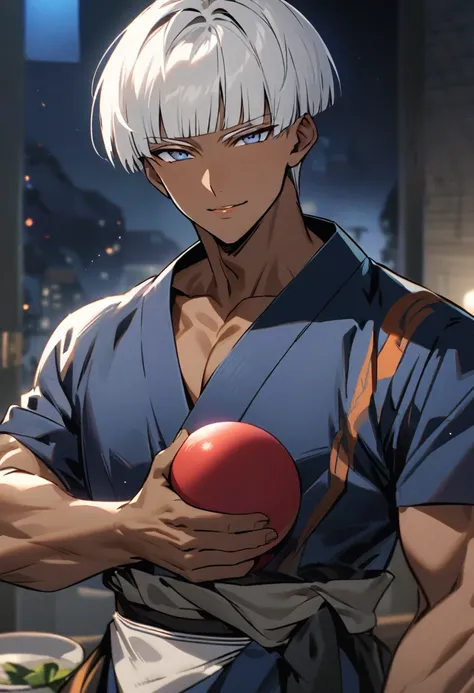 Character masculine From The king of figthers, k Dash with a soft smile on your lips in a night mood , white hair short bowl cut, Gray iris eyes, dark skin, Toned muscular body, Wearing a simple blue kimono