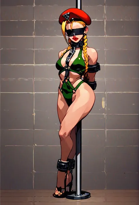 (masterpiece, best quality), intricate details, 1girl, Cammy White from Street Fighter (standing full body toe to head by wooden pole:1.2) iron collar, arms behind back, iron cuffs, shackles, bound, bondage outfit, harness, O-ring, bondage outfit blindfold...