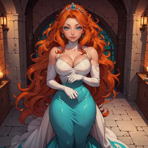 MeridaXLP, ((long hair, orange hair, wavy hair, glowing blue eyes, wide eyes, lipstick, makeup, narrow waist, skinny, medium breasts, alone, gloves)), pelvic curtain, ((green dress, wedding dress, Scooped up the ass, gloves, tiara)), full body, perfect bod...