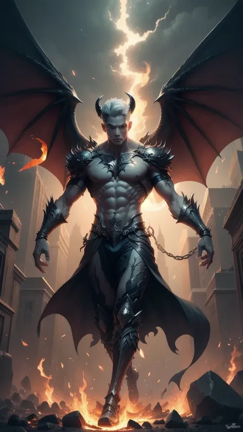 ((men)) ((man)) devil, fallen angel, has six wings, is surrounded by flames or bright light, bat wings, winged figure, usually d...