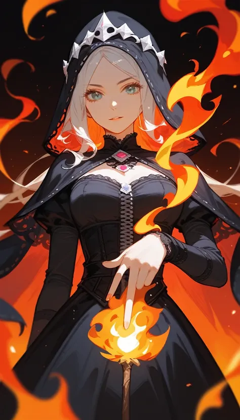 (Fraction_9,Fraction_8_Direction_7_up),1 Woman,（（（bust）））, Wearing a skirt，Surrounded by flames，Fire Mage，Hair turns into flames，Black clothes，Black silk princess dress，Lolita，Wearing a miniskirt，Raise one hand high，There is a flame in the hand，