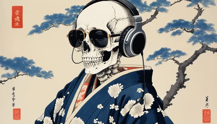 A skeleton wearing a gorgeous kimono, Light colored sunglasses, Katsushika Hokusai, Ink Painting, Japanese style headphones, Delicate and precise, Modern ukiyo-e style