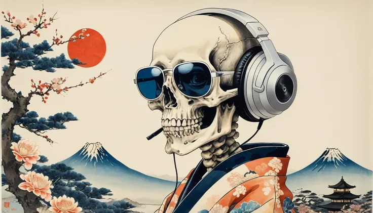 A skeleton wearing a gorgeous kimono, Light colored sunglasses, Katsushika Hokusai, Ink Painting, Japanese style headphones, Delicate and precise, Modern ukiyo-e style