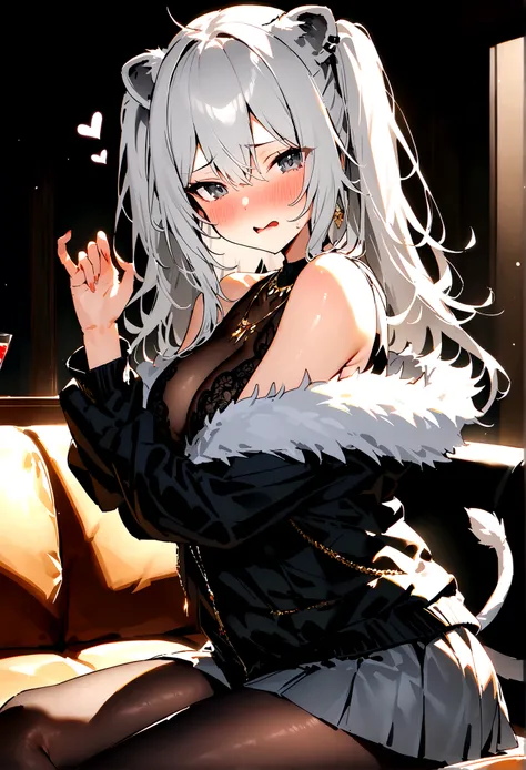 NSFW,masterpiece,Highest quality,High resolution,Super detailed,Shishirabotan(Hololive),Long Hair、Two Side Up、Earrings、Lion&#39;s Tail,necklace、Black Shirt、Sleeveless shirt、abdomen、See-through、Grey Skirt、片足pantyhose、pantyhose、fur-trimmed jacket、Black jacke...