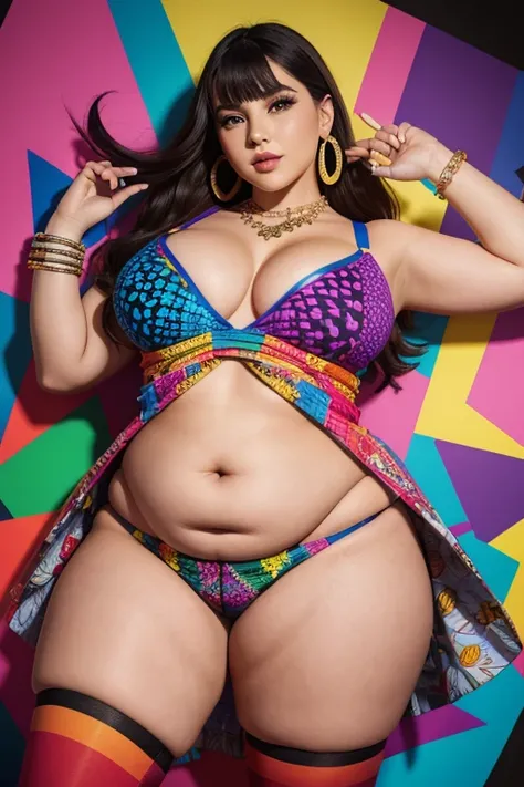 ssbbw, big belly, best quality, masterpiece, Fashion with a piece of fabric that exposes almost the entire upper body, H-shaped skirt that reveals more than 10cm above the knees, High heels that are very flashy and have a heel of more than 7 cm., large, co...