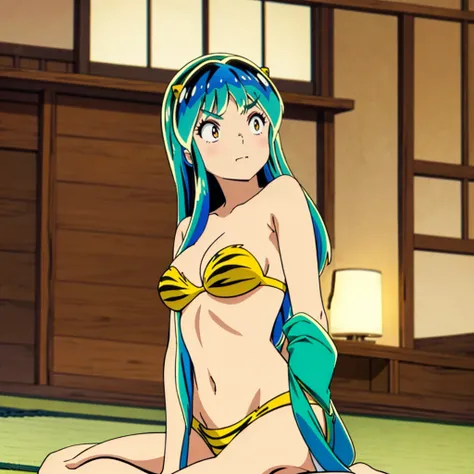 masterpiece, Highest quality, 1 Girl, Lum, Micro Bikini,Mature,  Indian style, sitting, anime, sexy, High definition, Japan, Back view, Green Hair, living room、 whole body, Japan