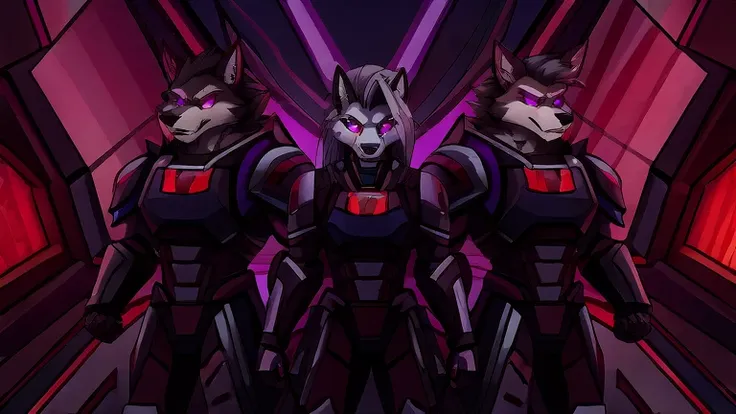 (masterpiece, best quality:1.2), group of Vortex male hellhounds, a couple of male bodyguards, wolves, furry, helluva boss, hypnotized with glowing purple eyes, angry serious face, wearing futuristic armor, using a Pulse Rifle, Energy Rifle, Futuristic ass...