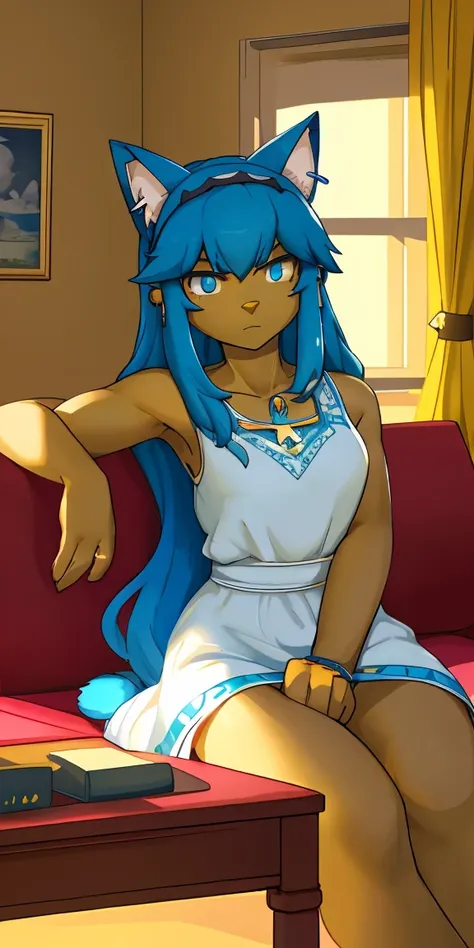 (Solitary), masterpiece, best quality,Eye, Animal Crossing Muscle, hairy, Blue Hair, Hair accessories, Yellow skin, 黑Eye, White Dress, Tail, Looking at the audience, Serious, Cross your legs, from_below, His sofa, Inside the living room, Hieroglyphics, hig...