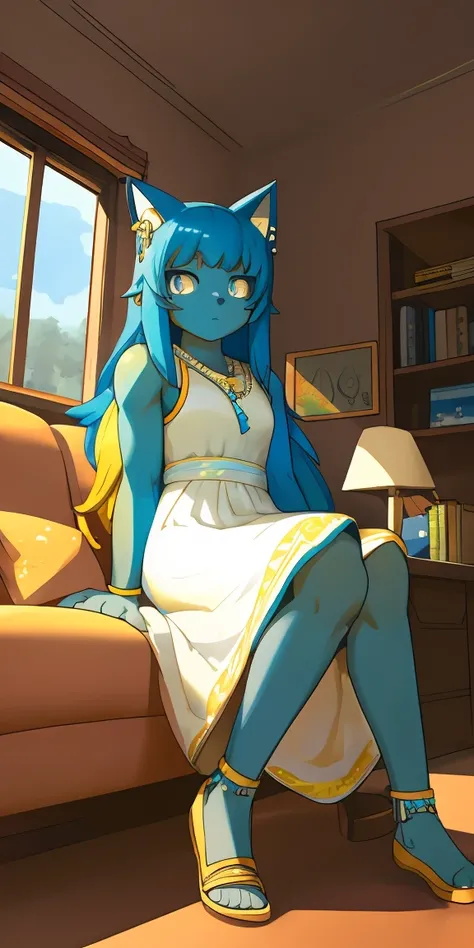 (Solitary), masterpiece, best quality,Eye, Animal Crossing Muscle, hairy, Blue Hair, Hair accessories, Yellow skin, 黑Eye, White Dress, Tail, Looking at the audience, Serious, Cross your legs, from_below, His sofa, Inside the living room, Hieroglyphics, hig...