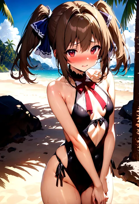 NSFW,masterpiece,Highest quality,High resolution,Super detailed,Nekone (Utawarerumono),Brown Hair、（Red Eye：1.3）、ribbon,Twin tails、ヘアribbon、Mole、目の下のMole,Small breasts,High-quality sexy swimwear,beach,Palm tree,Rock Shade,Embarrassed,blush,(Seduce)