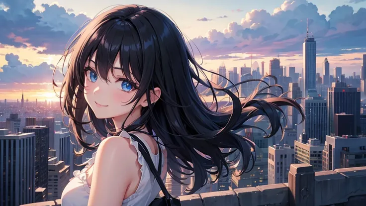 （UHD, super detail, best quality, highres）,black hair, blue eyes, hair over shoulder, medium hair, smile, anime, anime style, (Delicate nigt view of the city)